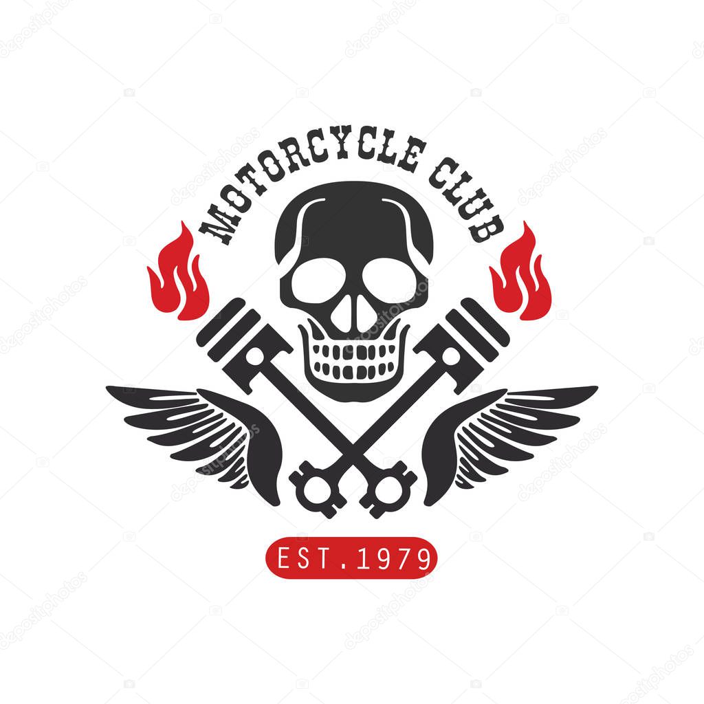 Motorcycle club logo, est 1979 design element for motor or biker club, motorcycle repair shop, print for clothing vector Illustration isolated on a white background.