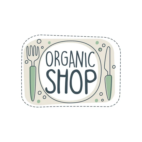 Organic shop logo template, label for healthy food store, vegan shop, vegetarian cafe, ecology company, natural products, eco market, farming hand drawn vector Ilustração sobre um fundo branco — Vetor de Stock