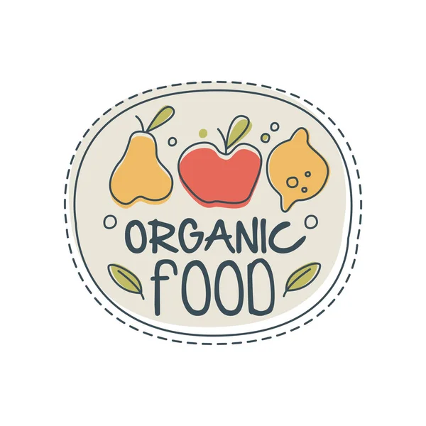 Organické potraviny logo šablona, label pro prodejna zdravé výživy, obchod veganské, vegetariánské kavárny, ekologie společnost, přírodní produkty, eco trh, zemědělství ručně kreslenou vektorové ilustrace na bílém pozadí — Stockový vektor