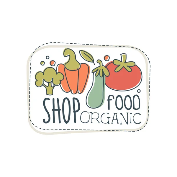 Prodejna biopotravin logo šablona, label pro prodejna zdravé výživy, obchod veganské, vegetariánské kavárny, ekologie společnost, přírodní produkty, eco trh, zemědělství ručně kreslenou vektorové ilustrace na bílém pozadí — Stockový vektor