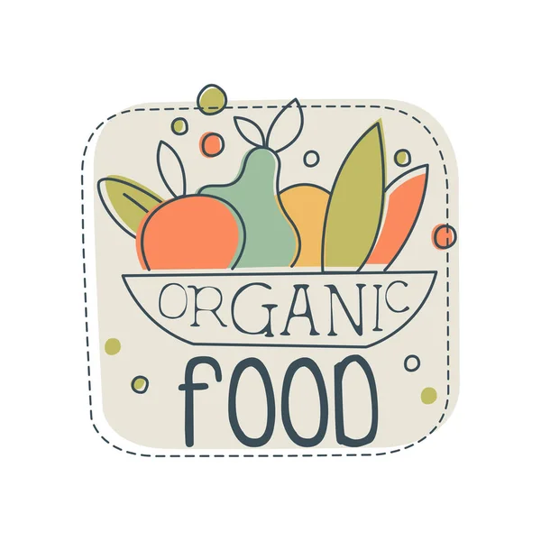 Logotipo de comida orgânica, elemento de design para loja de alimentos saudáveis, loja vegan, café vegetariano, empresa de ecologia, produtos naturais, mercado ecológico, agricultura mão desenhada vetor Ilustração — Vetor de Stock