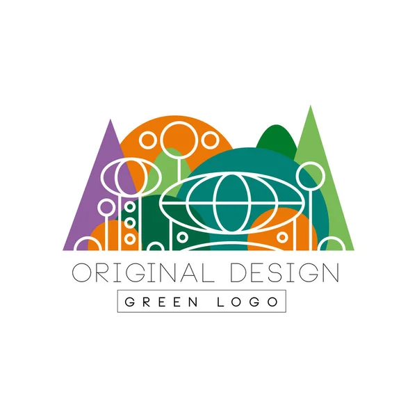 Zelené logo Originální design logo, barevné město krajiny Panorama vektorové ilustrace na bílém pozadí — Stockový vektor