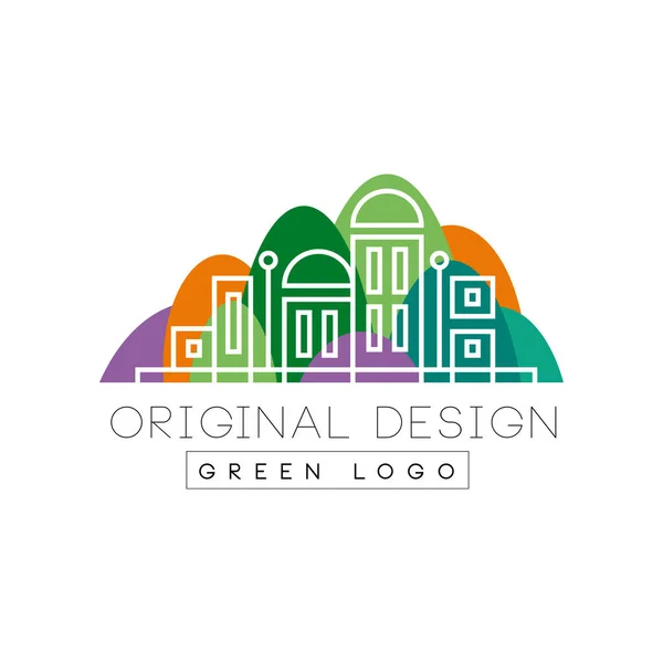 Zelené logo Originální design logo, barevné Panorama krajiny, real estate vektorové ilustrace na bílém pozadí — Stockový vektor