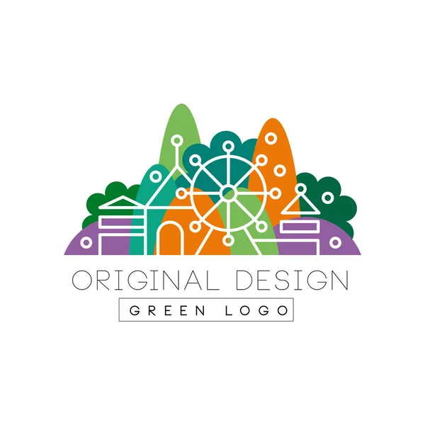 Zelené logo Originální design logo, barevné Panorama krajiny, zábavní park vektorové ilustrace na bílém pozadí — Stockový vektor