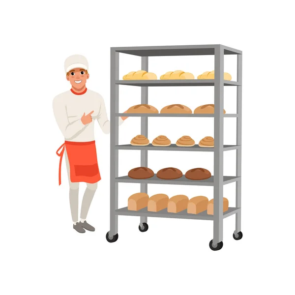 Smiling baker character standing near bread rack with fresh baked bread vector Ilustración sobre un fondo blanco — Vector de stock