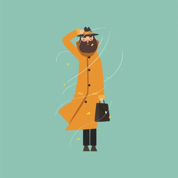 Uomo barbuto in caldo cappotto arancione e cappello in una giornata molto ventosa all'aperto vettore Illustrazione — Vettoriale Stock