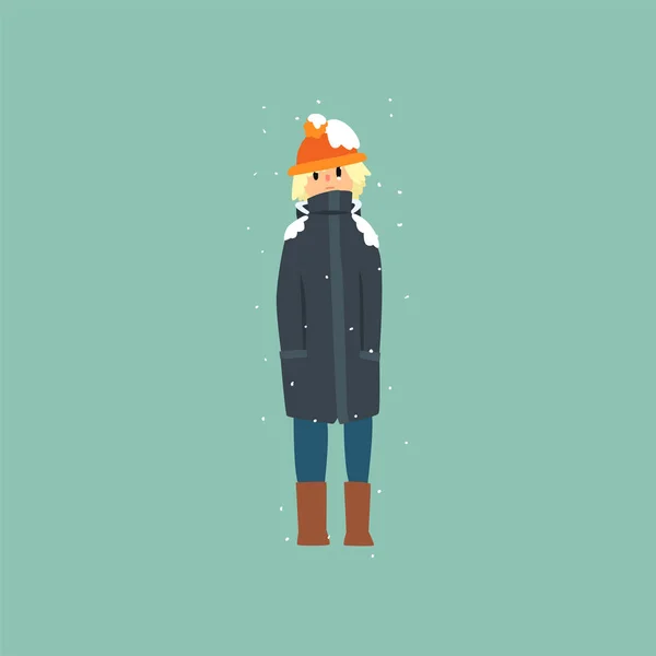 Boy in warm clothes freezing and shivering on winter cold vector Illustration — Stock Vector