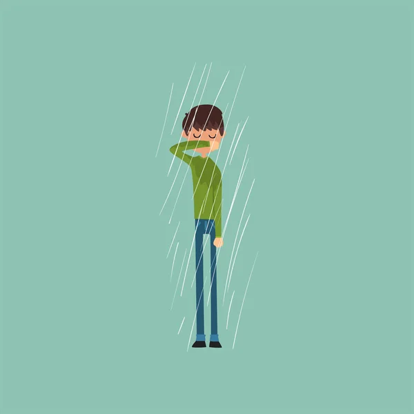 Espirro menino congelamento sobre outono chuva vetor Ilustração — Vetor de Stock