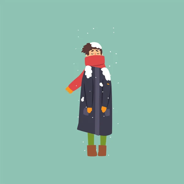 Boy in warm coat and scarf freezing and shivering on winter cold vector Illustration — Stock Vector
