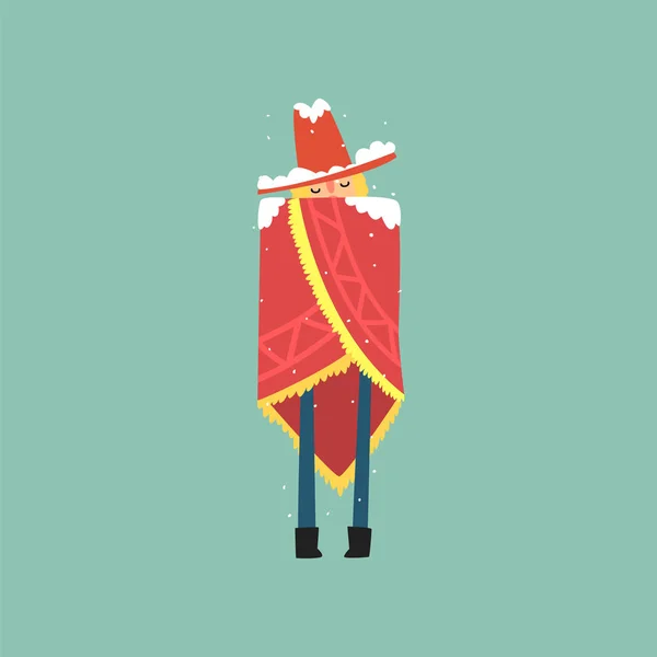 Yong man in rode poncho en muts bevriezen en rillen op winter koud vector illustratie — Stockvector