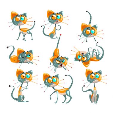 Şirin robot kedi seti, komik robot hayvan beyaz bir arka plan üzerinde farklı eylemler vektör çizimler