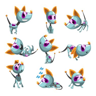 Cute Robot köpek cabukşalterli, komik robot hayvan beyaz bir arka plan üzerinde farklı eylemler vektör çizimler