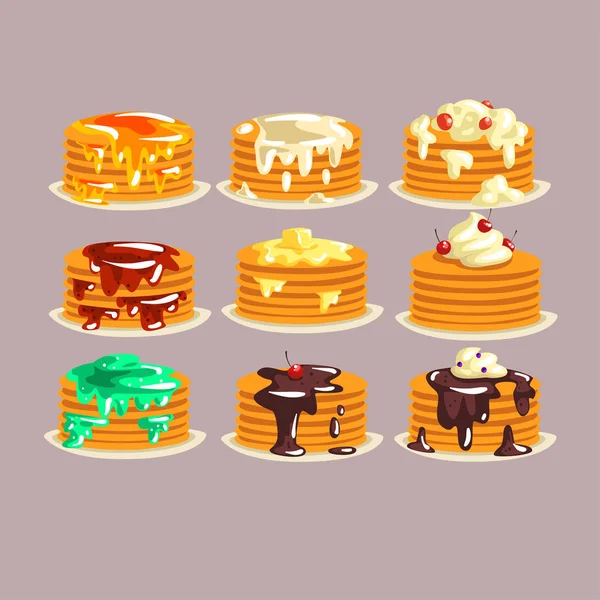 Différents types de crêpes avec différents ingrédients, nourriture traditionnelle pour le petit déjeuner avec des baies, sirop, jeu de beurre d'illustrations vectorielles — Image vectorielle