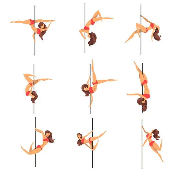 Conjunto de mujeres de danza de polo joven, hermosas bailarinas de polo que muestran algunos trucos vector ilustraciones sobre un fondo blanco — Vector de stock