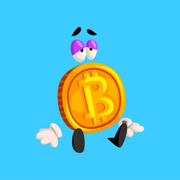 Trauriger Bitcoin-Charakter, lustige Emoticon-Vektorillustration der Kryptowährung auf himmelblauem Hintergrund — Stockvektor