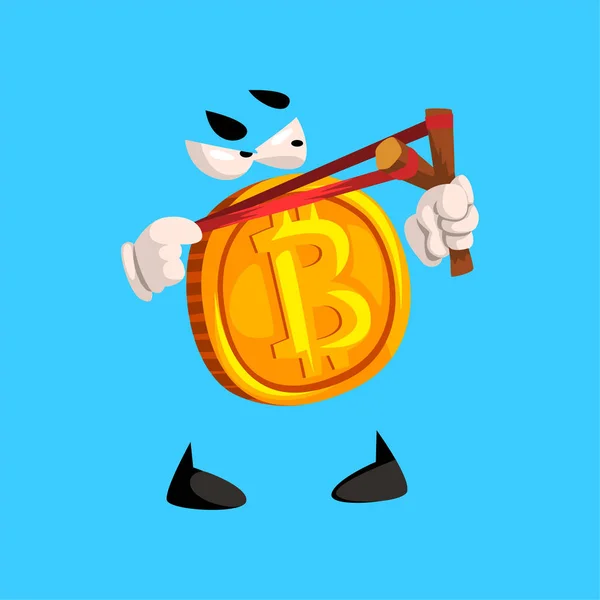 Lustige Bitcoin-Figur mit Schleuder, Kryptowährung Emoticon Vektor Illustration auf einem himmelblauen Hintergrund — Stockvektor