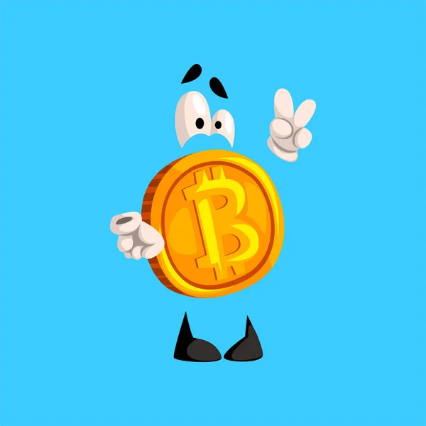 Lustige Bitcoin-Figur, die Sieg, Zeichen, Kryptowährung Emoticon-Vektor-Illustration auf einem himmelblauen Hintergrund zeigt — Stockvektor