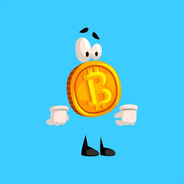 Ernsthafte Bitcoin-Charakter, lustige Kryptowährung Emoticon Vektor Illustration auf einem himmelblauen Hintergrund — Stockvektor