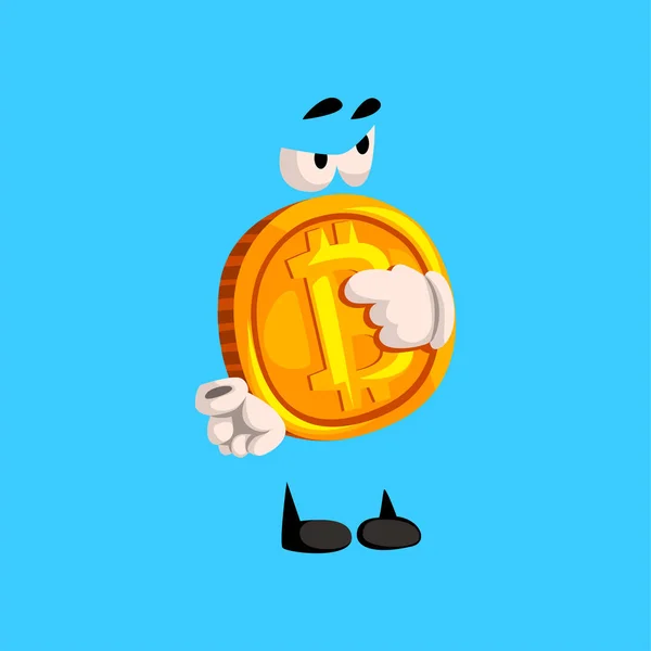 Lustige Bitcoin-Figur, die zeigt, Kryptowährung Emoticon-Vektor-Illustration auf einem himmelblauen Hintergrund — Stockvektor