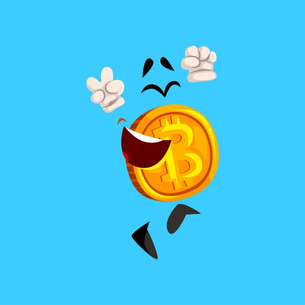 Komik mutlu bitcoin karakter eğleniyor, kripto para birimi ifade vektör çizim gökyüzü mavi bir arka plan — Stok Vektör