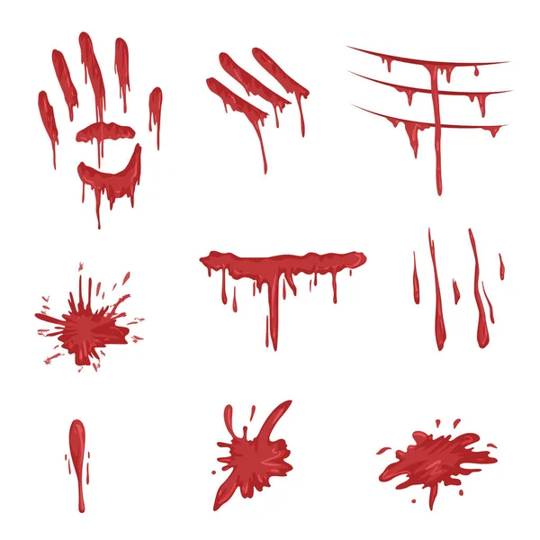 Blutspritzer-Set, rote Handabdrücke, Fingerabdrücke und Fleckenvektorillustrationen auf weißem Hintergrund — Stockvektor