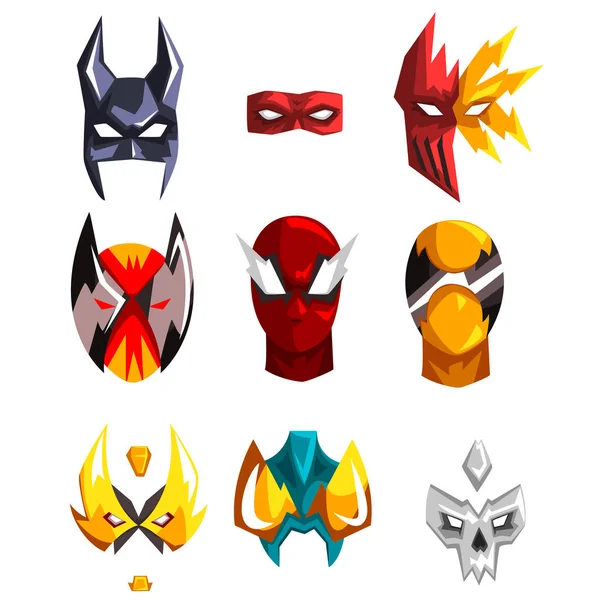 Colorfu super held maskers set van vector illustraties op een witte achtergrond — Stockvector