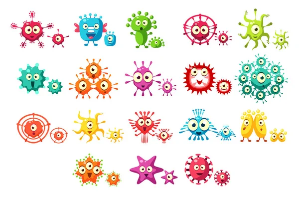 Coloridos personajes de dibujos animados bacterias conjunto, microbios lindos con caras divertidas vector ilustraciones sobre un fondo blanco — Vector de stock