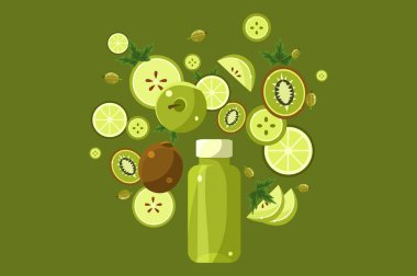 Yeşil smoothie içki şişede, şişe vektör çizim üzerinde yeşil bir arka plan üzerinde uçan maddeler