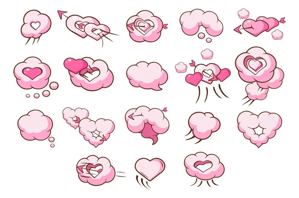 Speech bubbles in shape of hearts set, pink clouds, Valentines Day concept vector Illustrations on a white background — Stock Vector