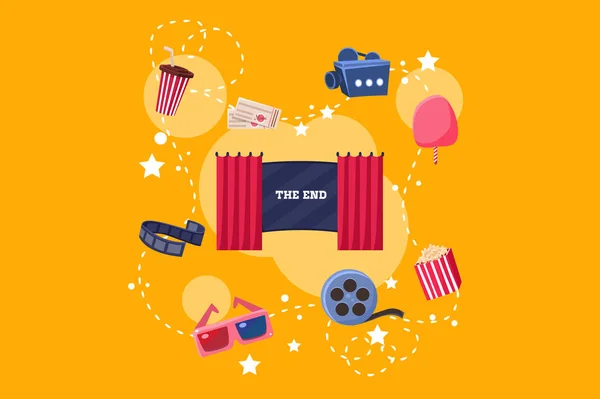 Elementen van de filmindustrie set, scène, camera, ticket, ijs, 3d bril, popcorn vector illustratie op yelllow achtergrond — Stockvector