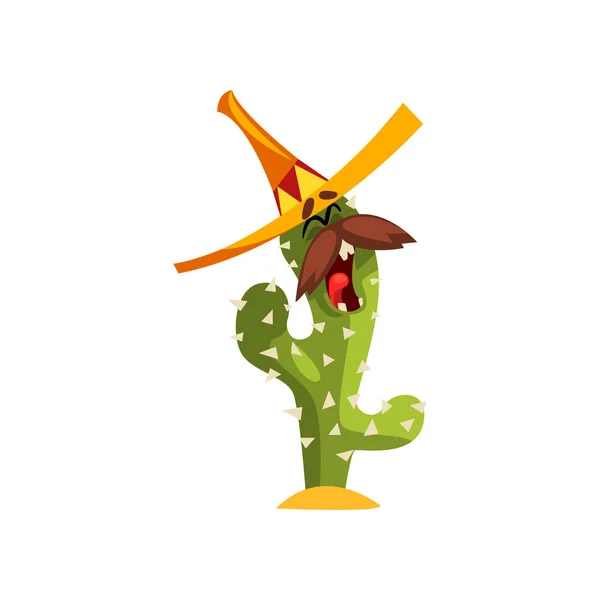 Personaje de cactus con sombrero y bigote, planta suculenta con divertido vector facial Ilustración sobre fondo blanco — Vector de stock