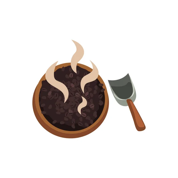 Gebrande koffiebonen in houten kom vector illustratie op een witte achtergrond — Stockvector