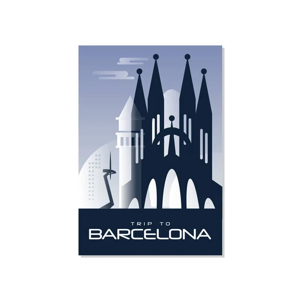 Viaje a Barselona, plantilla de póster de viaje, tarjeta de felicitación turística, vector Ilustración para revista, presentación, pancarta, portada de libro — Vector de stock