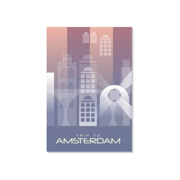 Viaje a Amsterdam, plantilla de póster de viaje, tarjeta de felicitación turística, vector Ilustración para revista, presentación, pancarta, portada de libro — Vector de stock