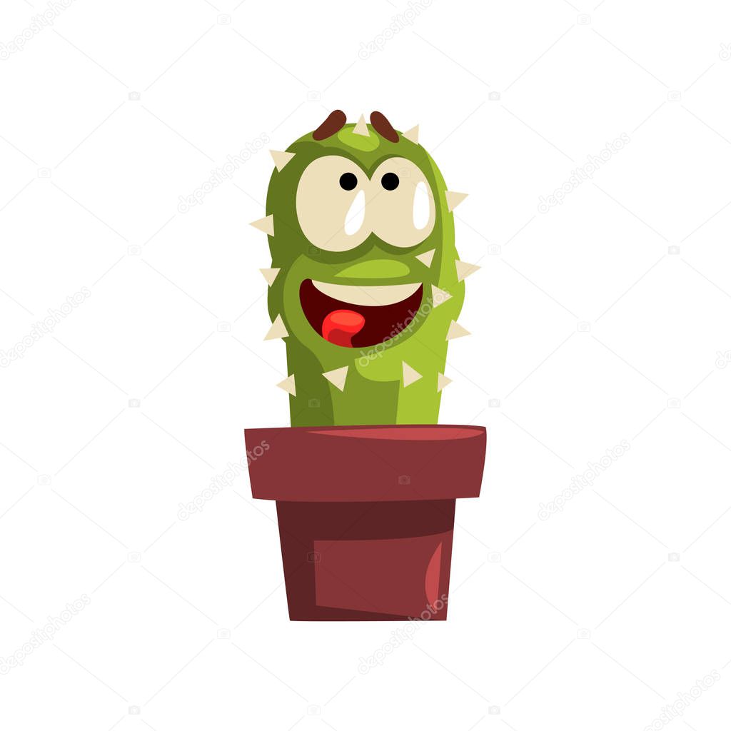 Happy smiling cactus character in a clay pot, succulent plant with funny face in flowerpot vector Illustration on a white background