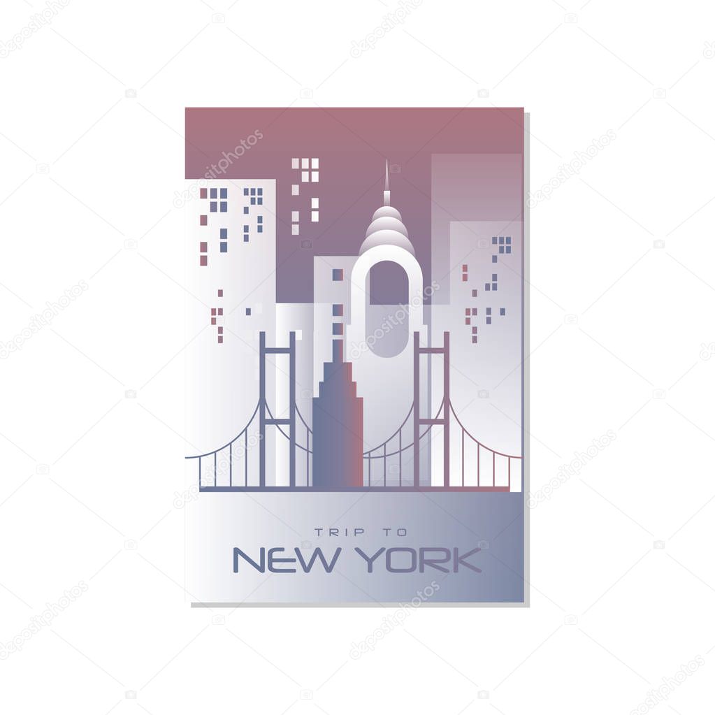 Trip to New York, travel poster template, touristic greeting card, vector Illustration for magazine, presentation, banner, book cover