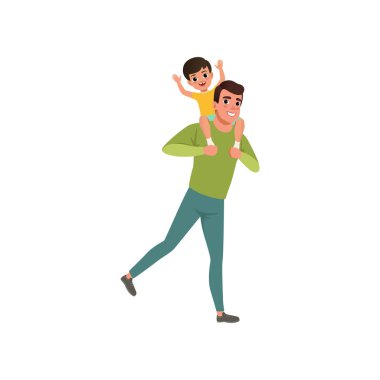 Onun omuzlarında taşıyan baba oğlu sevgi dolu baba ve çocuk birlikte vakit üzerinde beyaz bir arka plan illüstrasyon vektör