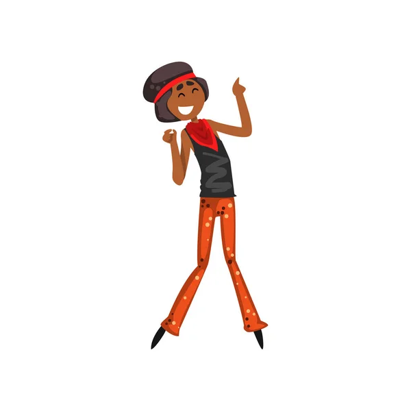 Dancing african american girl character, female dancer moving body at music party, woman in 1980s style clothes dancing disco vector Illustration — Stock Vector