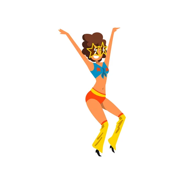 Taniec dziewczyna znaków, tancerka porusza się ciało muzyka party, Kobieta w 1980 roku styl ubrania taniec dyskoteka ilustracja wektorowa — Wektor stockowy