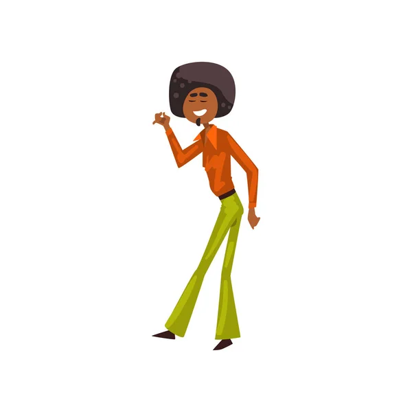 Dancing african american man character, male moving body at music party, dancer in 1980s style clothes and afro hairstyle dancing disco vector Illustration