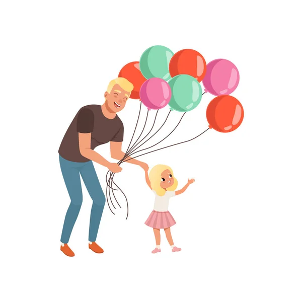 Sorrindo pai e sua filhinha com bando de balões, amando papai e filho passar o tempo juntos, papai e seu filho celebrando Pais Dia vetor Ilustração —  Vetores de Stock