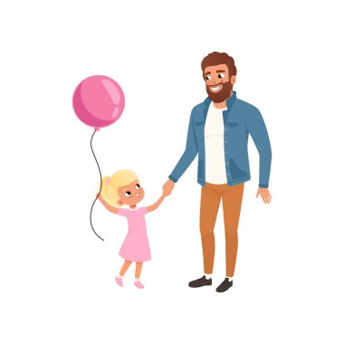 Baba ve küçük kızı pembe balon, sevgi dolu baba ile birlikte vakit çocuk gülümseyen, baba ve babalar günü kutluyor onun çocuğunu vektör çizim beyaz bir arka plan üzerinde