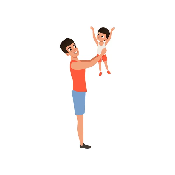 Pai feliz segurando seu filho em seus braços, pai amoroso e criança passar tempo juntos vetor Ilustração em um fundo branco —  Vetores de Stock