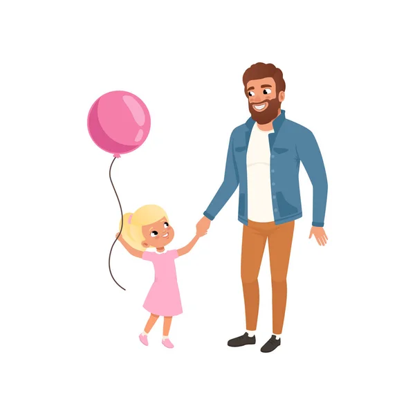 Sorrindo pai e sua filhinha com balão rosa, amando papai e filho passar o tempo juntos, papai e seu filho celebrando Padres Dia vetor Ilustração em um fundo branco —  Vetores de Stock