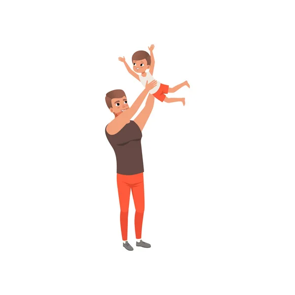 Vader zijn zoon in de lucht gooien, vector liefhebbende vader en kind tijd samen doorbrengen illustratie op een witte achtergrond — Stockvector