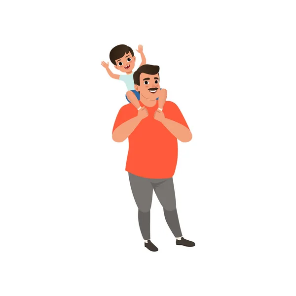 Happy dad carrying son on his shoulders, loving father and kid spending time together vector Illustration on a white background — Stock Vector