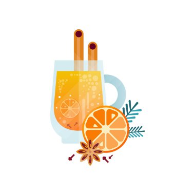 Vitamini sağlıklı bitkisel çay, portakal, tarçın, anason ve biberiye şeffaf Kupası ile baharatlı içki üzerinde beyaz bir arka plan illüstrasyon vektör