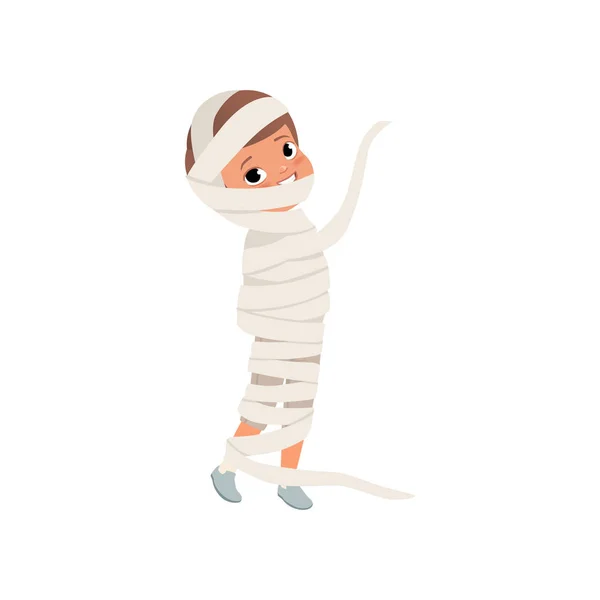 Lindo niño envuelto en vendajes, niño en el traje de la momia egipcia, vector traje zombie Ilustración sobre un fondo blanco — Archivo Imágenes Vectoriales