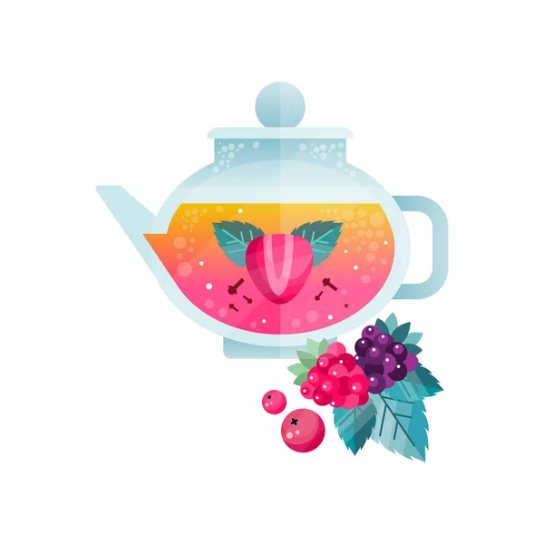 Fruit tea, vitamin healthy drink with cranberry, raspberry, blackberry, strawberry and mint in transparent kettle vector Illustration on a white background — Stock Vector