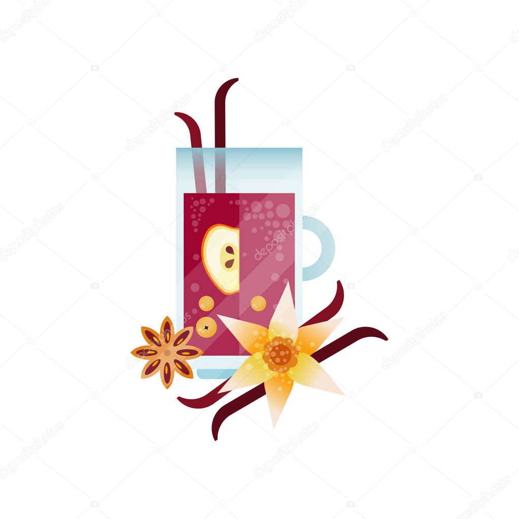 Vitamin healthy herbal tea, spicy drink with apple, vanilla and anise in transparent cup vector Illustration on a white background